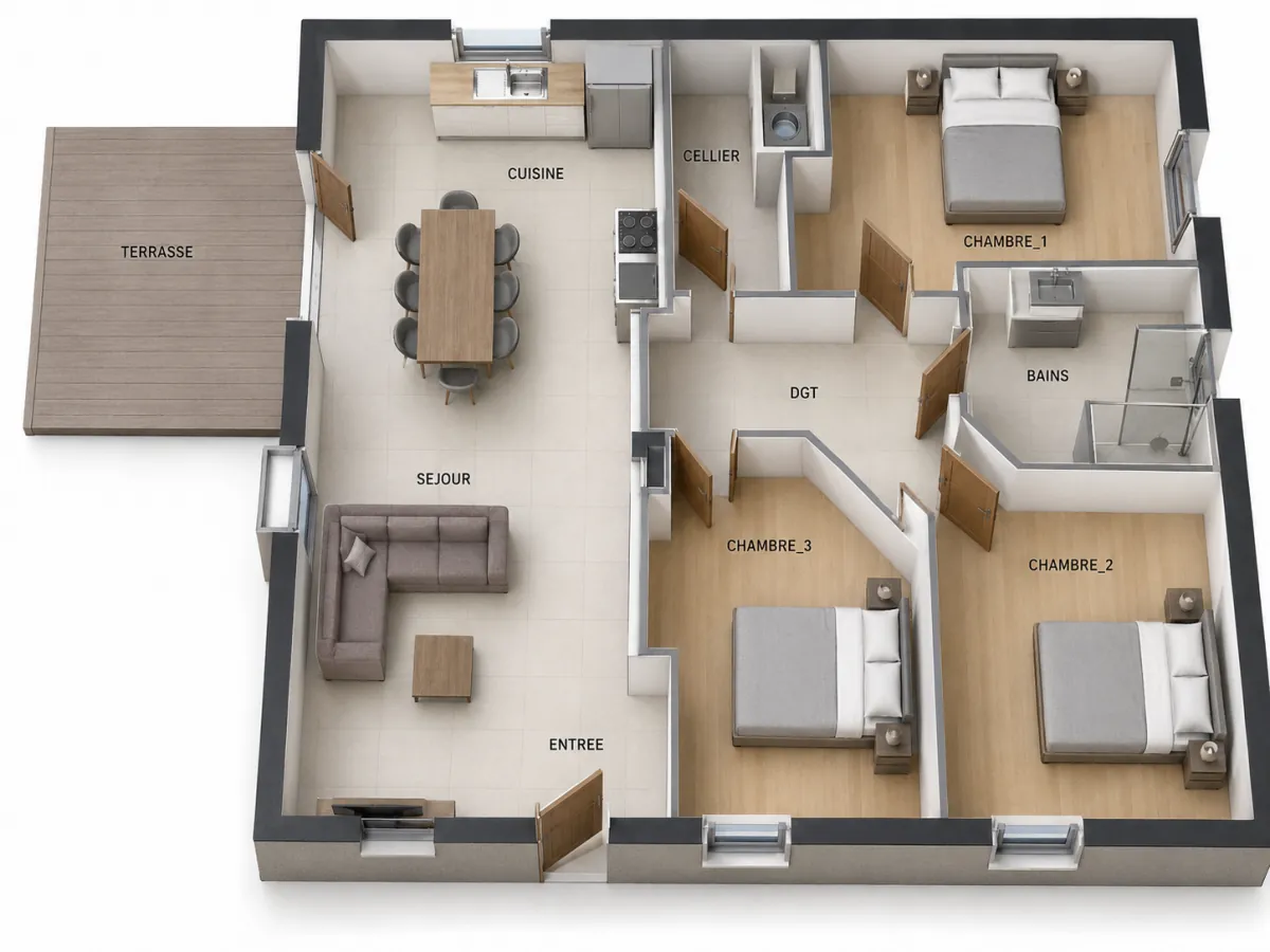 Plan type d’un appartement : entrée, séjour ouvert sur terrasse, cuisine, cellier, trois chambres et salle de bains